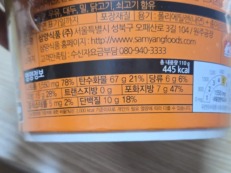 ئوزۇقلۇق جەدۋىلى بۇلداق 4 پىنىر Samyang – 445kcal, ناترىي 1550mg, ئاللېرگېنلار | 하이제이에스비