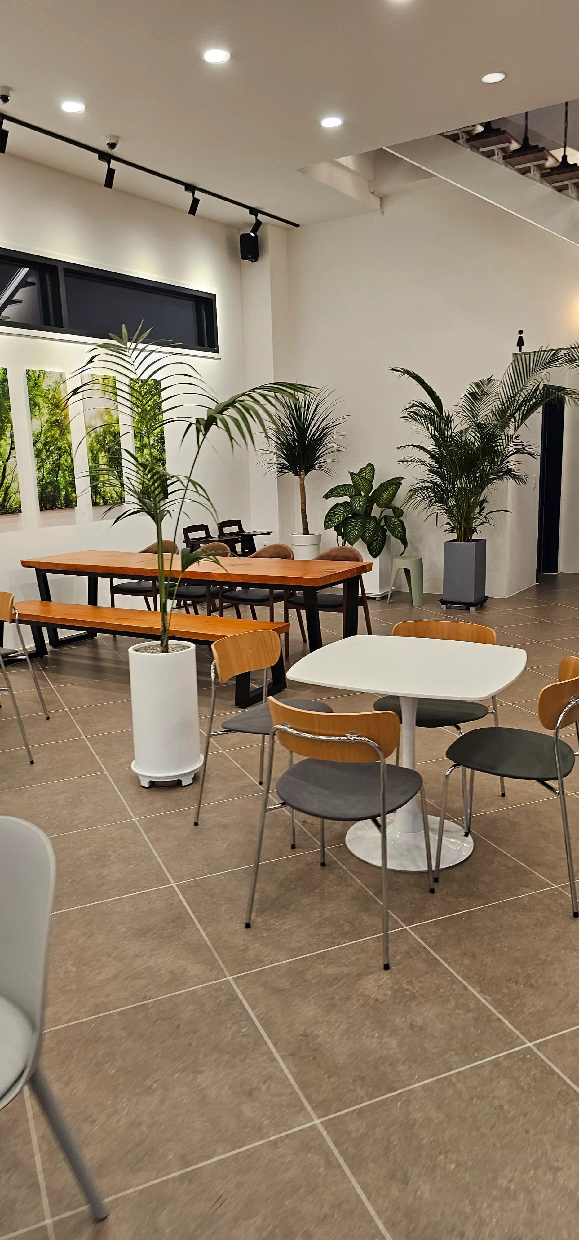 카페 반내 넓은 1층 좌석 공간 — 손님 없이 비어있는 저녁 시간대