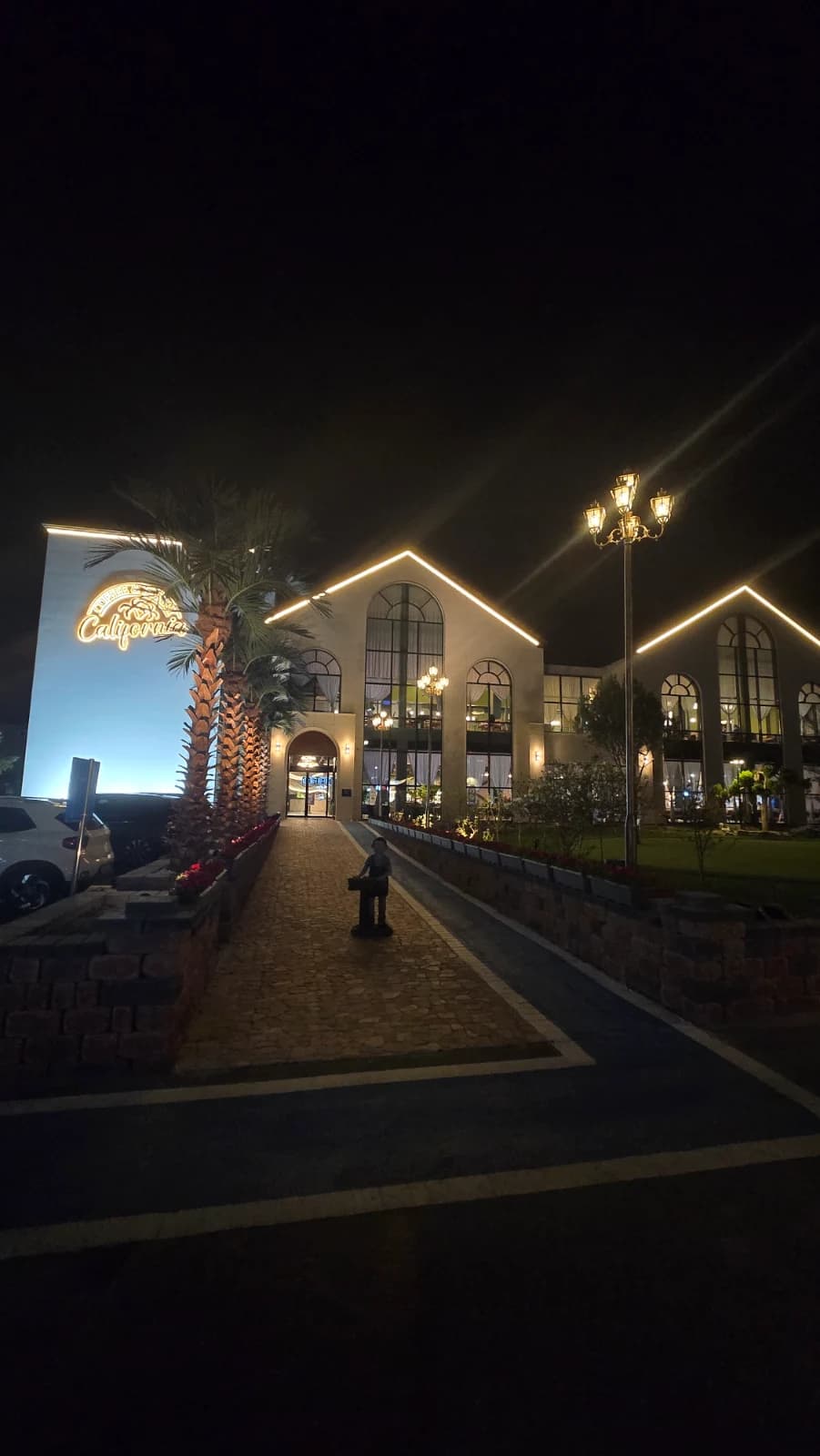 청주 카페 캘리포니아 야간 외관 야자수와 조명이 켜진 건물 전경