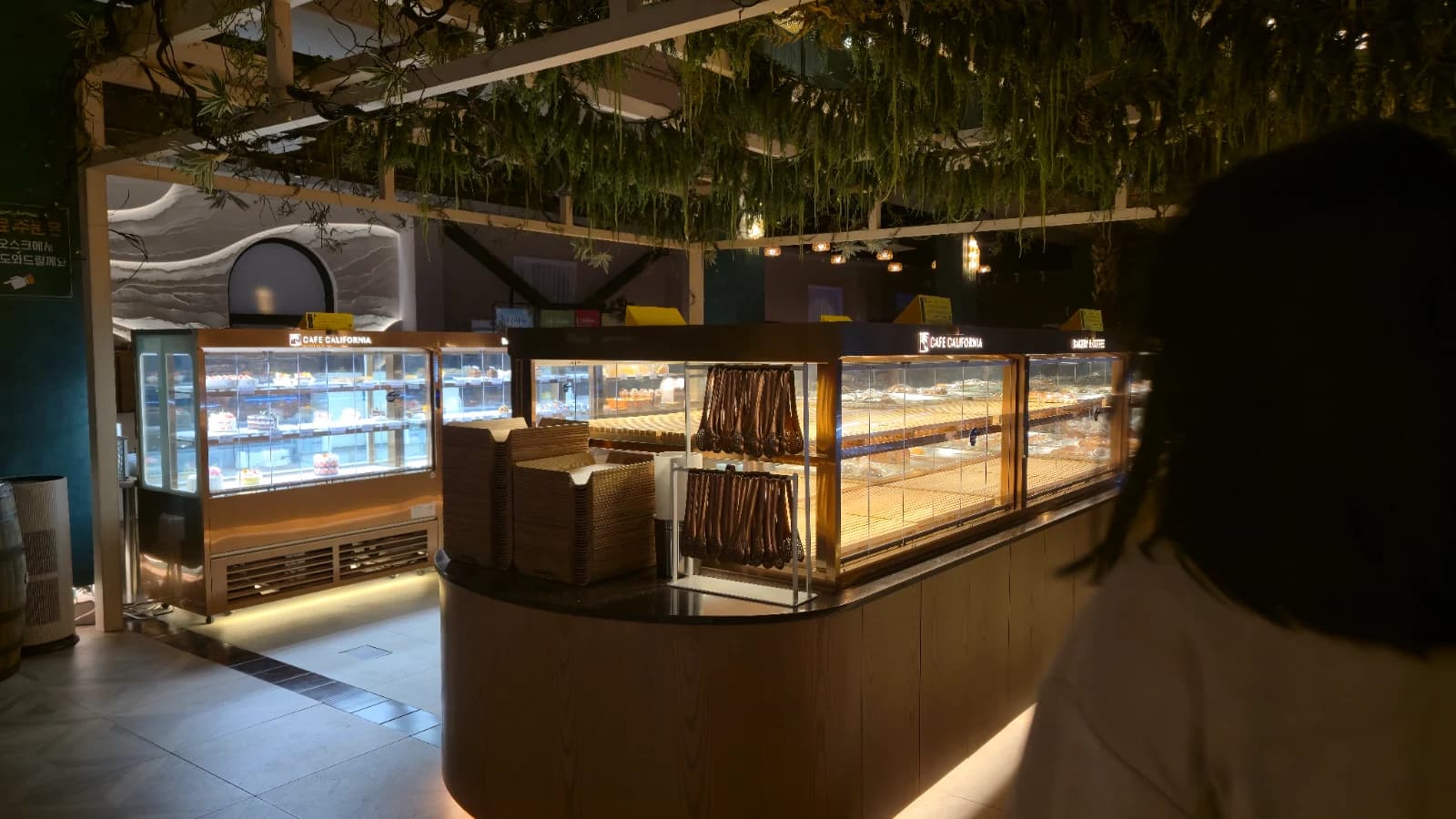 카페 캘리포니아 1층 베이커리 진열대와 천장 덩굴 식물