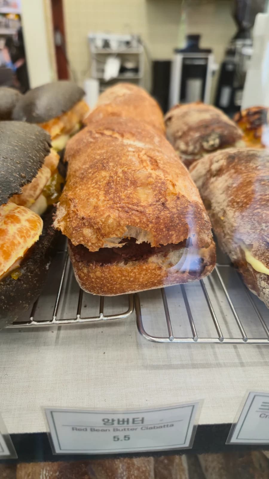 Green Bakery red bean butter sandwich with sweet red bean paste in ciabatta about four dollars