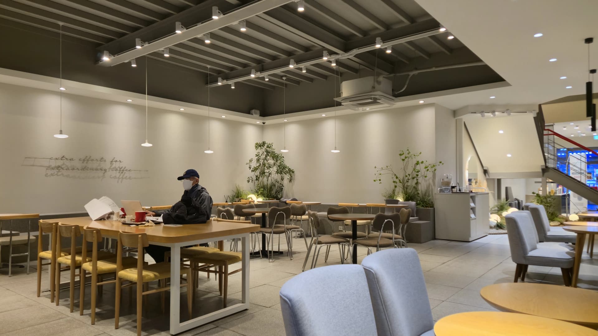 할리스 2층 전체 전경으로 어두운 톤 천장과 트랙 조명 초록 식물이 보인다