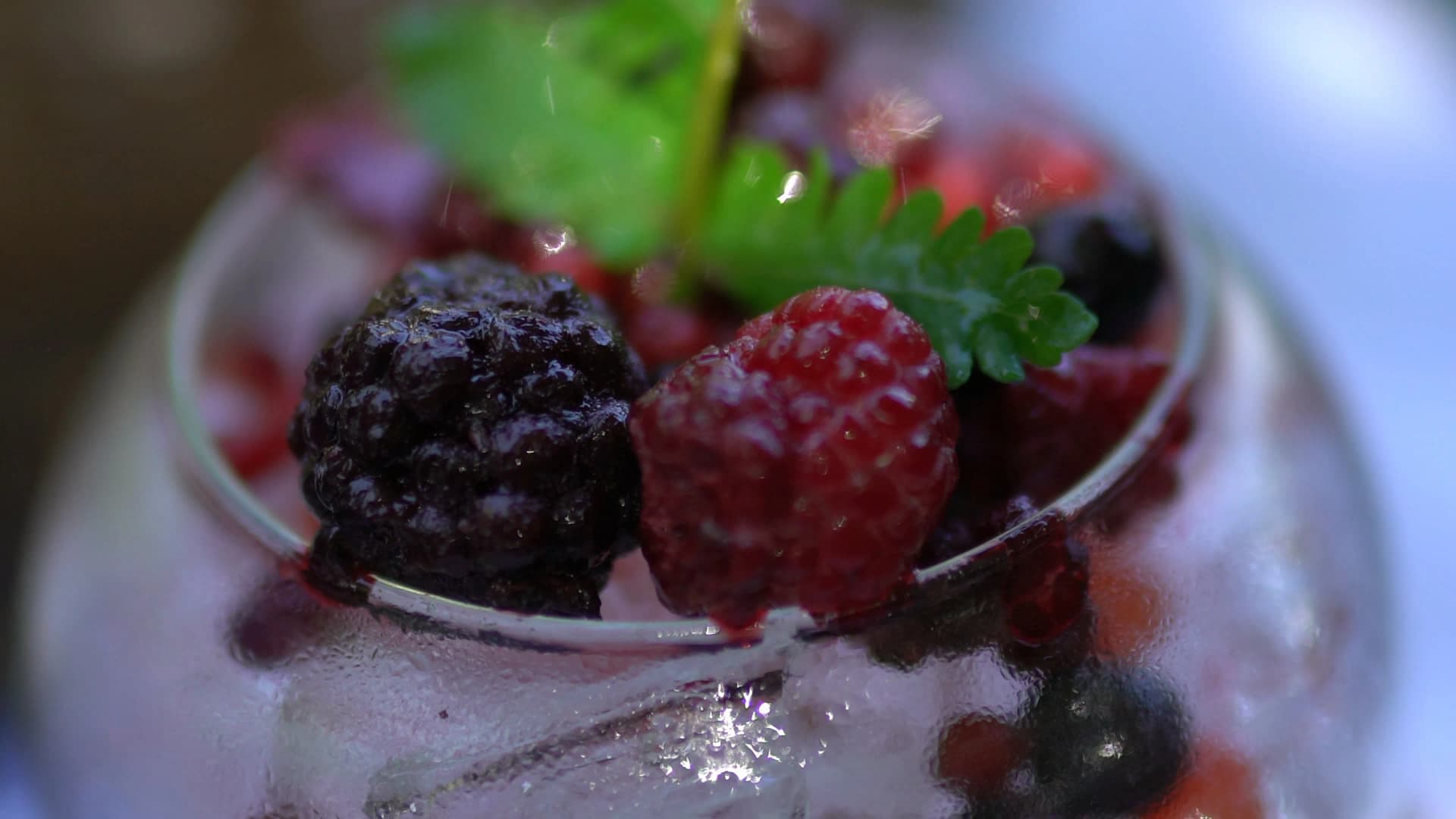 Water droplets glistening on a blackberry surface in macro close-up