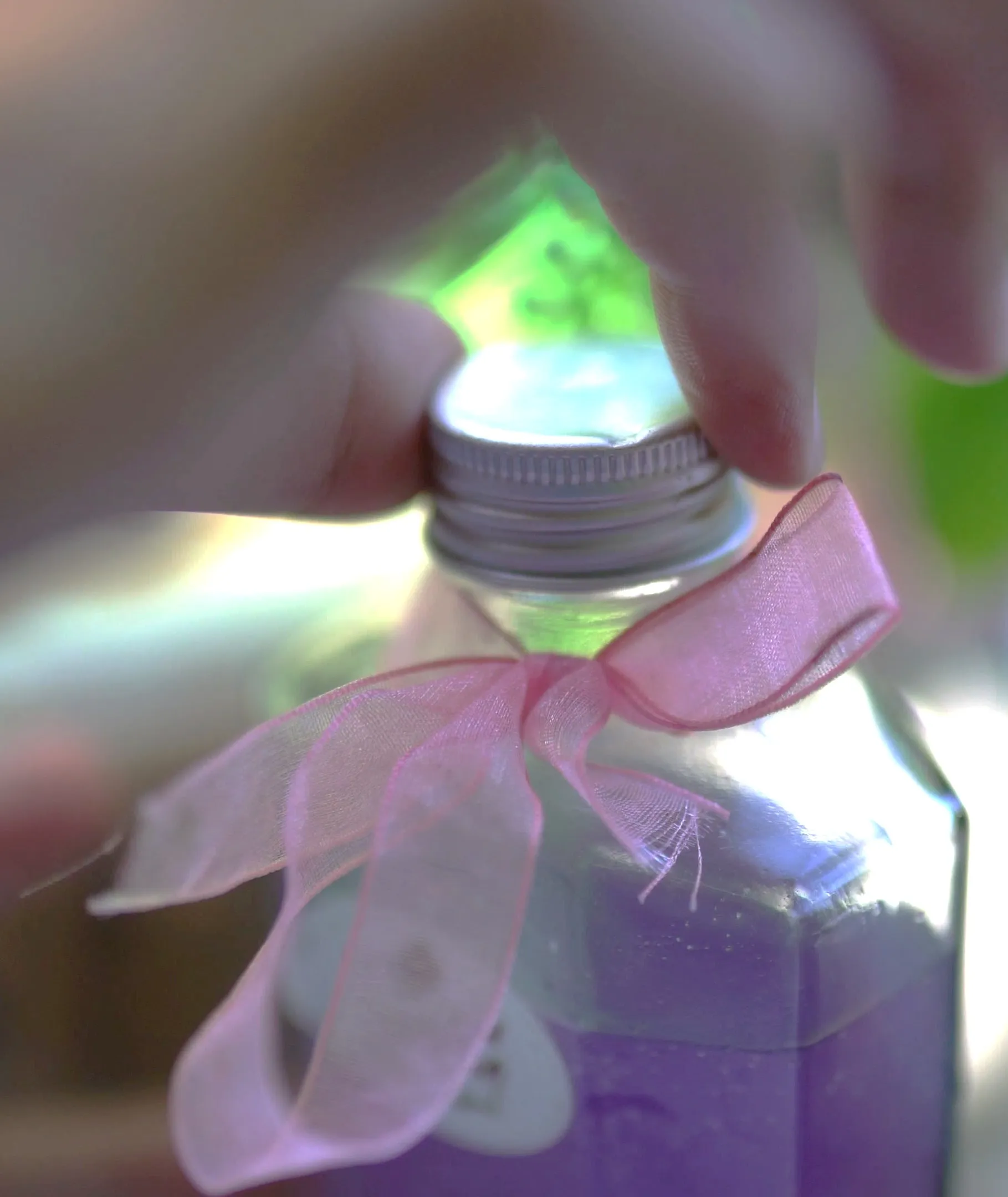 Small glass bottle of purple syrup with pink ribbon decoration at Pa Dee in the Wild