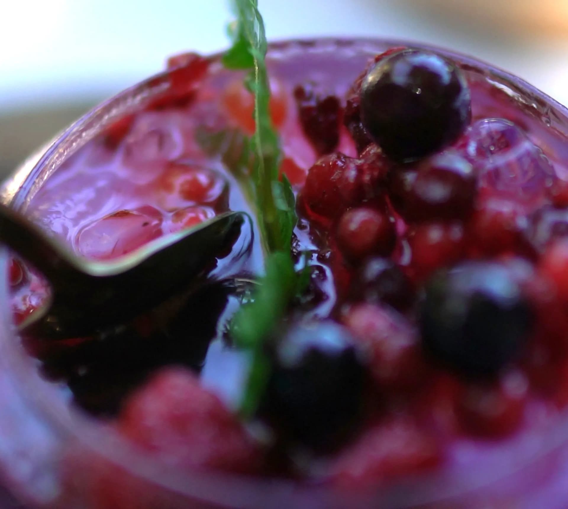 Completed Berry Love Drink with deep purple hue and floating blueberries and fern frond