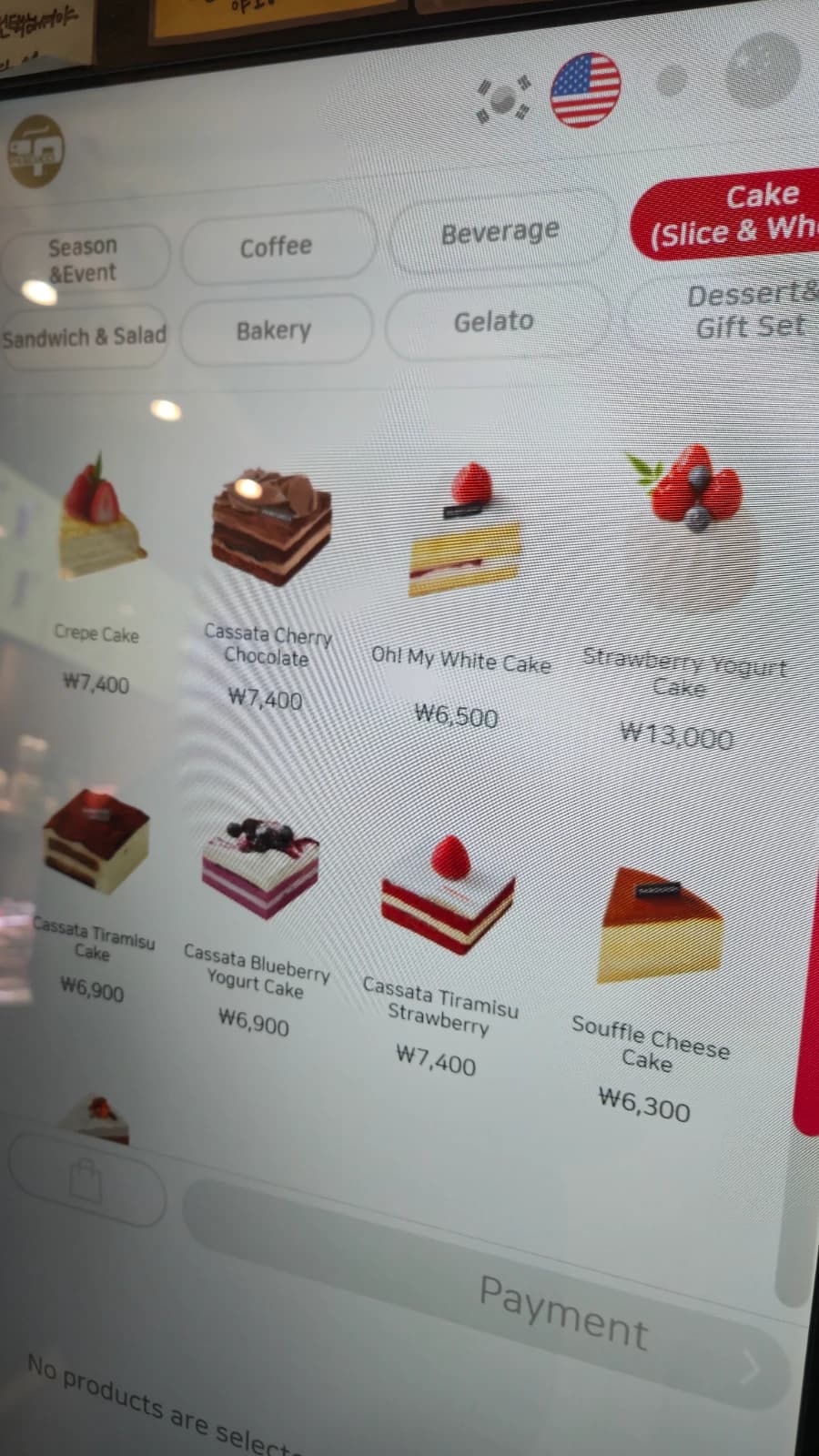 パスクッチのキオスク英語画面ケーキカテゴリ — カッサータシリーズ、スフレチーズケーキの価格
