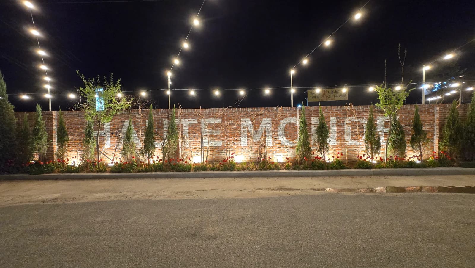 세종 오뜨몽드 카페 입구 붉은 벽돌 담벼락에 HAUTE MONDE 글씨와 전구 조명 튤립