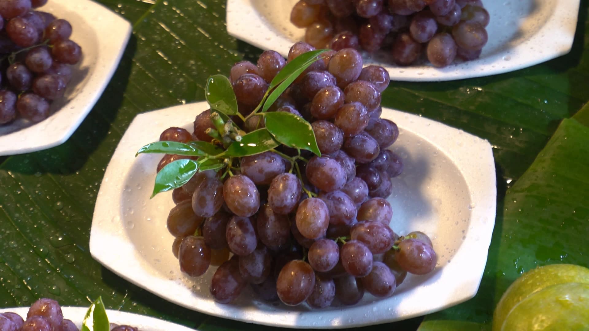 태국 시장 포도 판매 – 바나나잎 위 흰 접시에 한 송이씩 담긴 포도