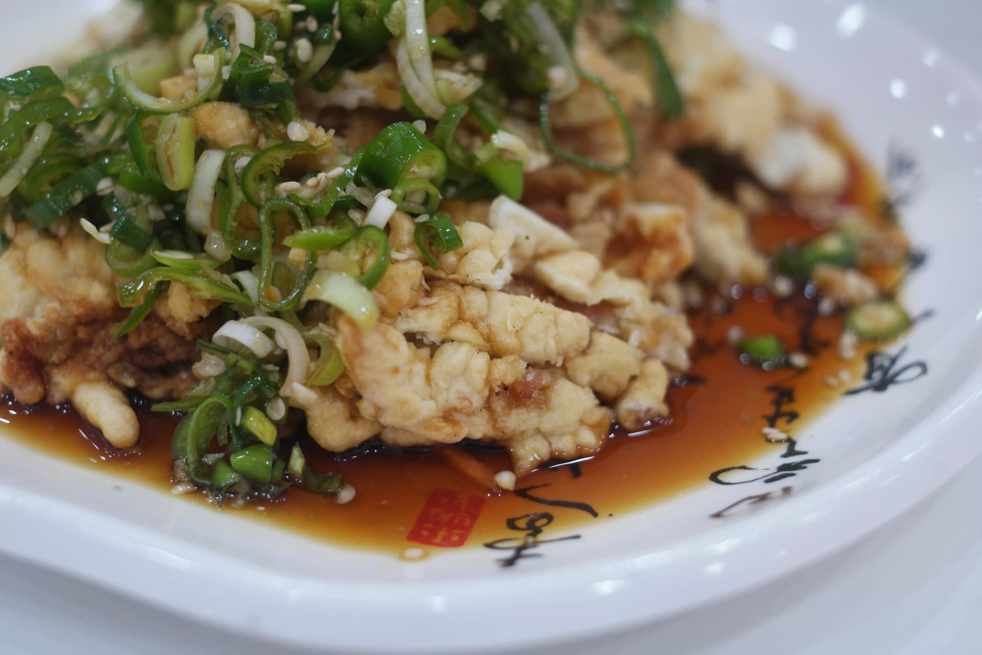 유린기 전체 모습, 소스가 접시 바닥에 고여 닭고기 아랫면까지 적셔진 상태에서 대파와 청양고추가 전체를 덮은 모습 | 하이제이에스비