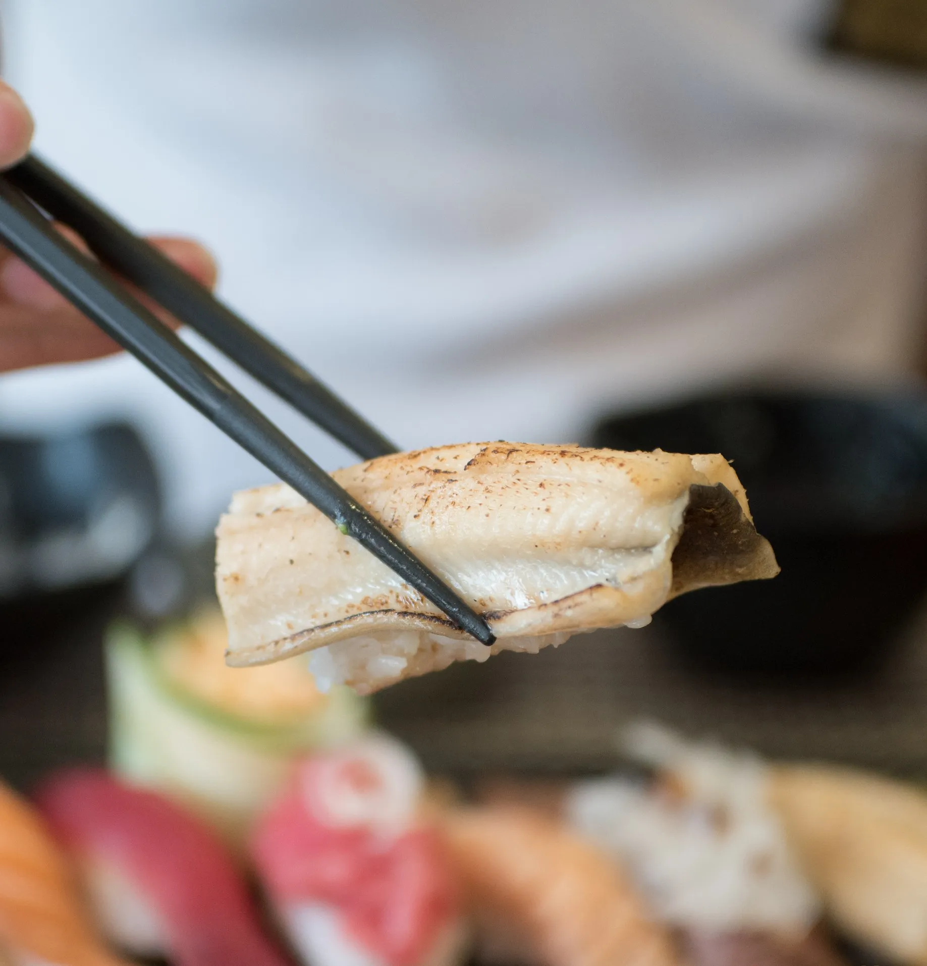 젓가락으로 집어올린 장어 초밥 클로즈업 - 토치로 겉을 그을린 장어가 부드럽게 늘어진 모습 | 하이제이에스비