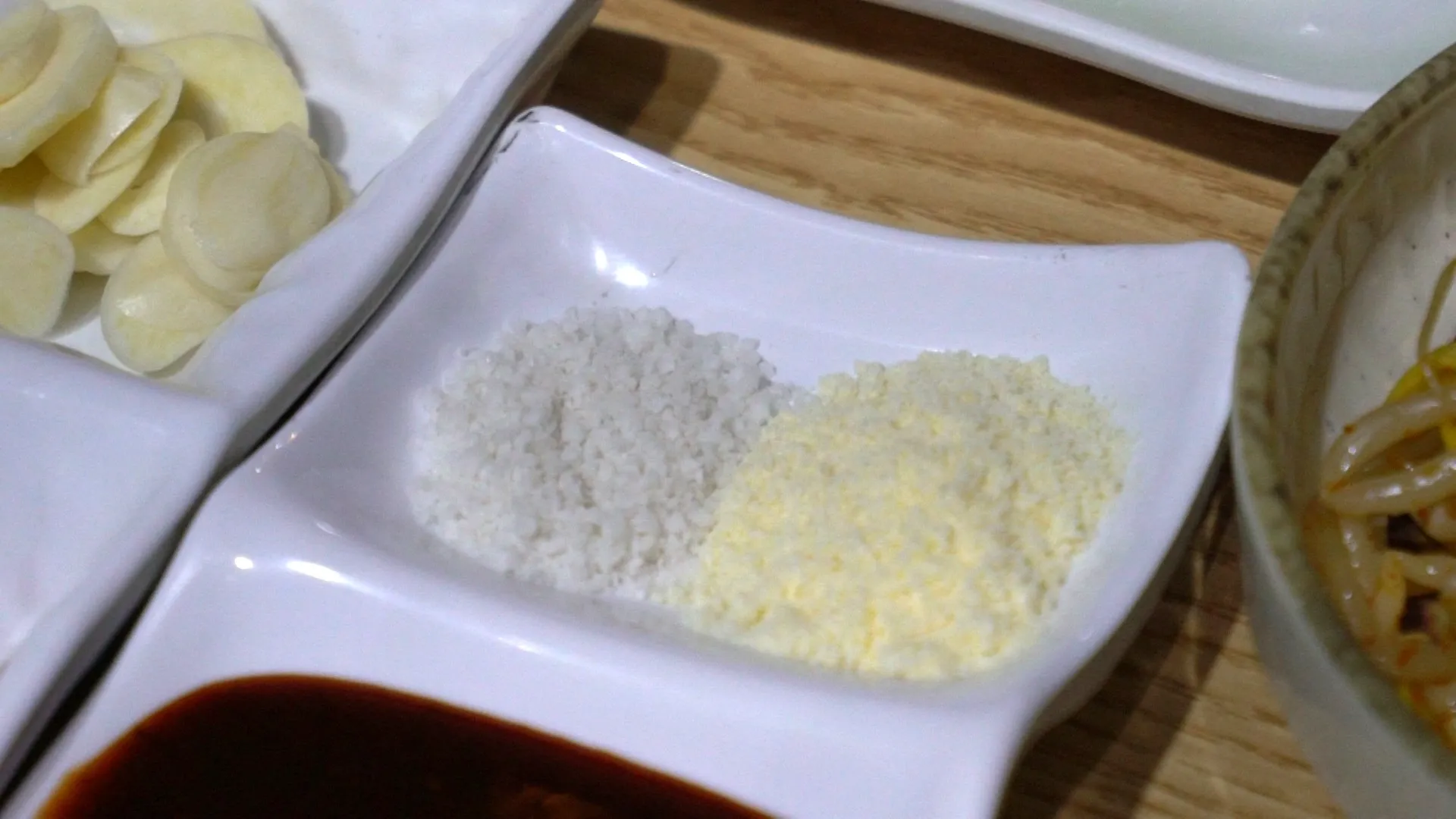 Sweet and spicy Korean seasoning sauce and ssamjang dipping sauce dish for smoky BBQ chicken