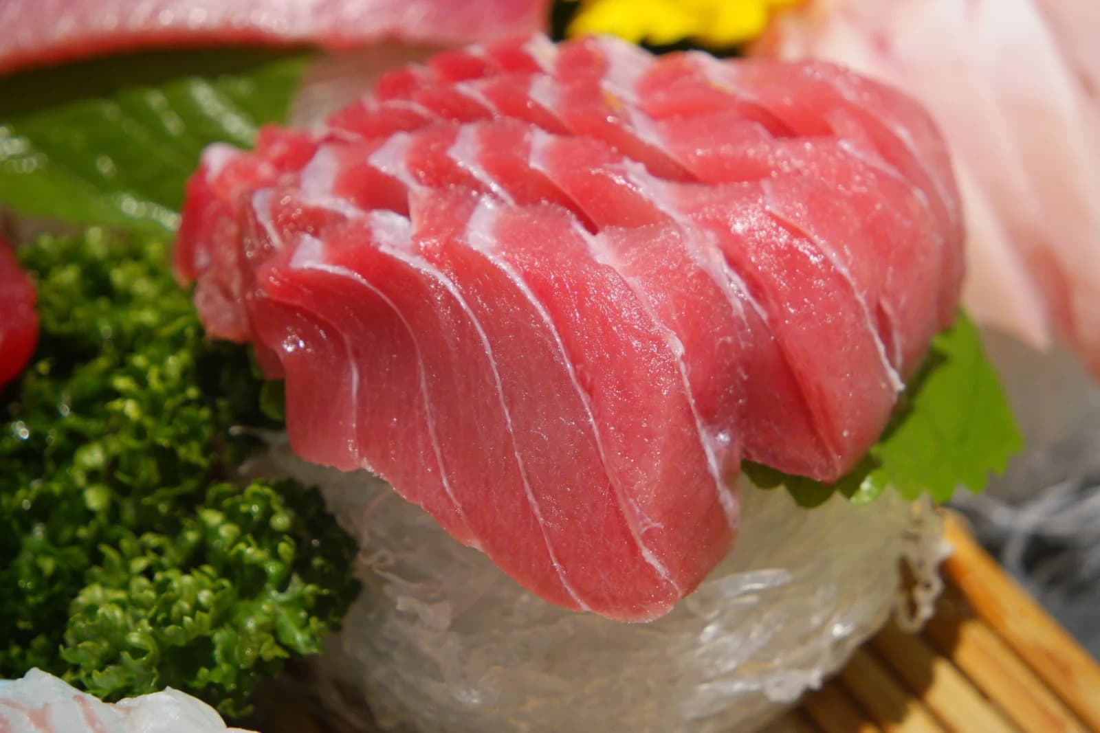 Chopsticks lifting a slice of medium-fatty tuna belly sashimi