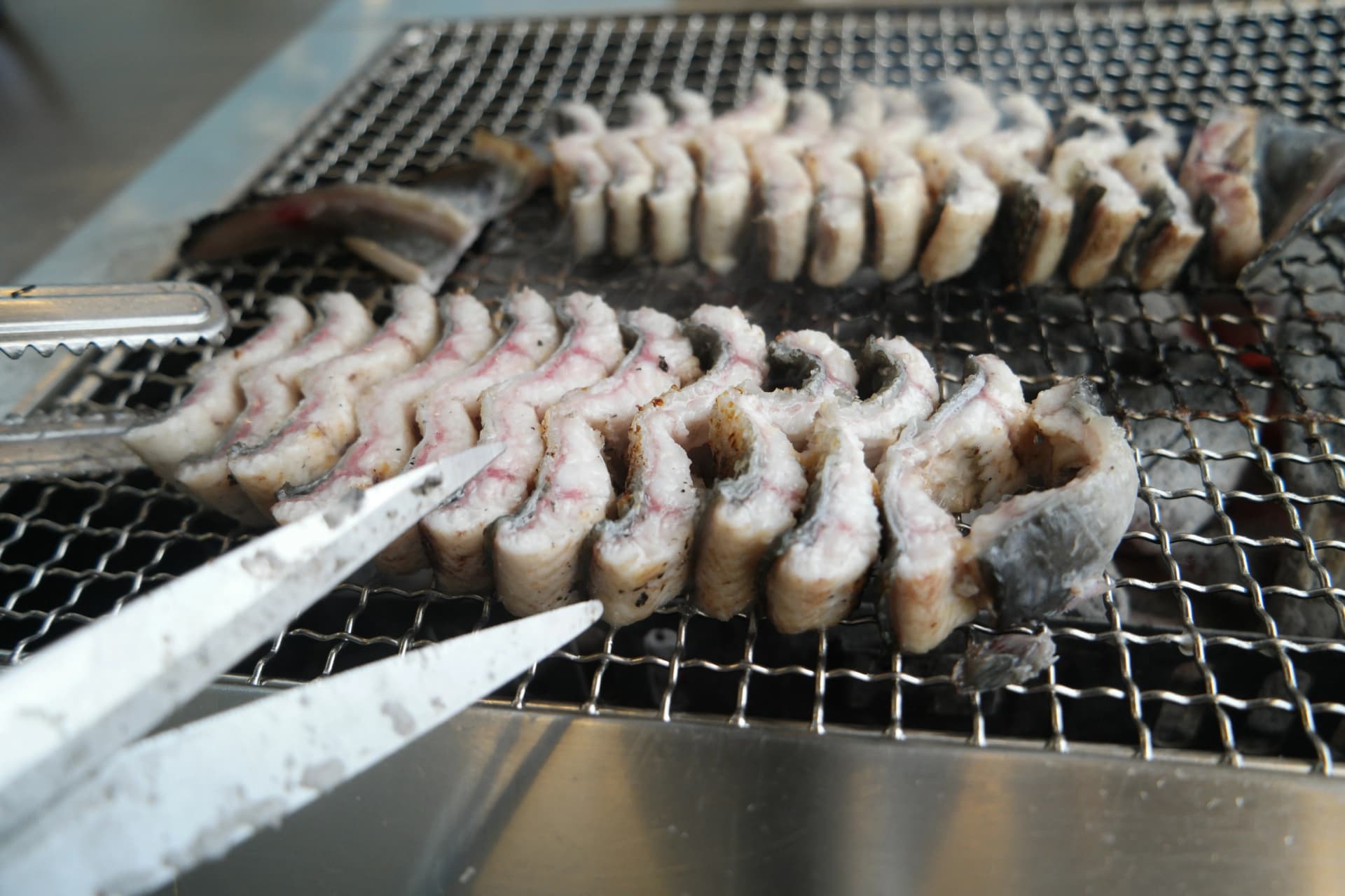 민물장어 식당 직원이 집게로 장어를 직접 구워주는 모습 | 하이제이에스비