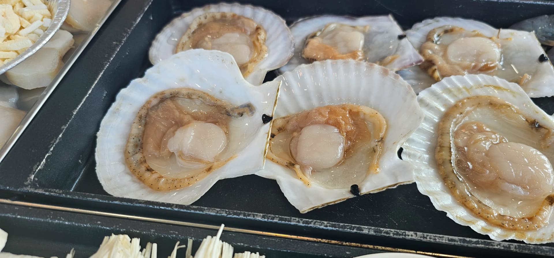 불판 위에서 껍데기째 익혀 즙이 고여있는 가리비 | 하이제이에스비