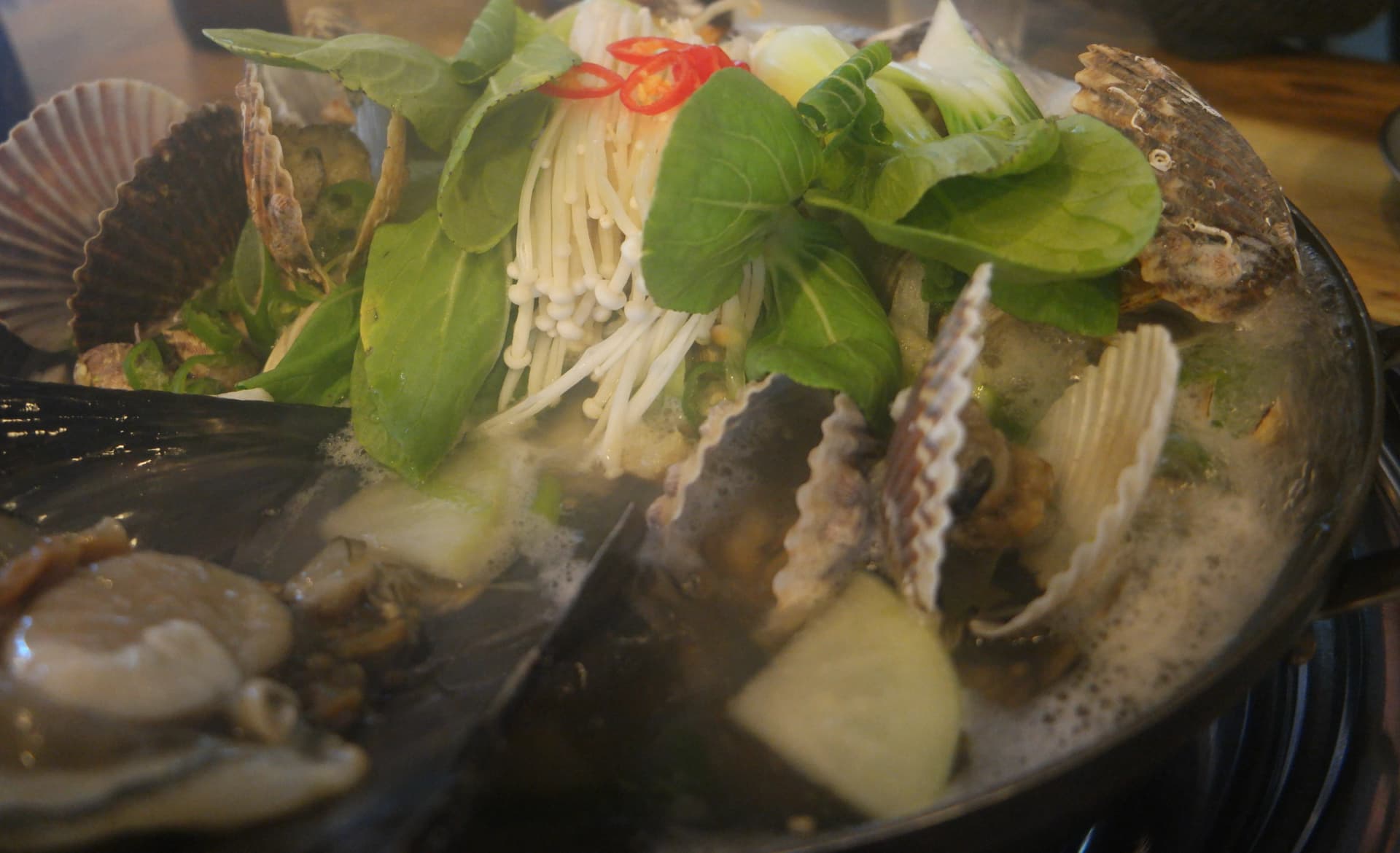 조개찜 냄비 끓기 시작 — 살아있는 생물 조개들이 펄펄 끓는 모습 | 하이제이에스비