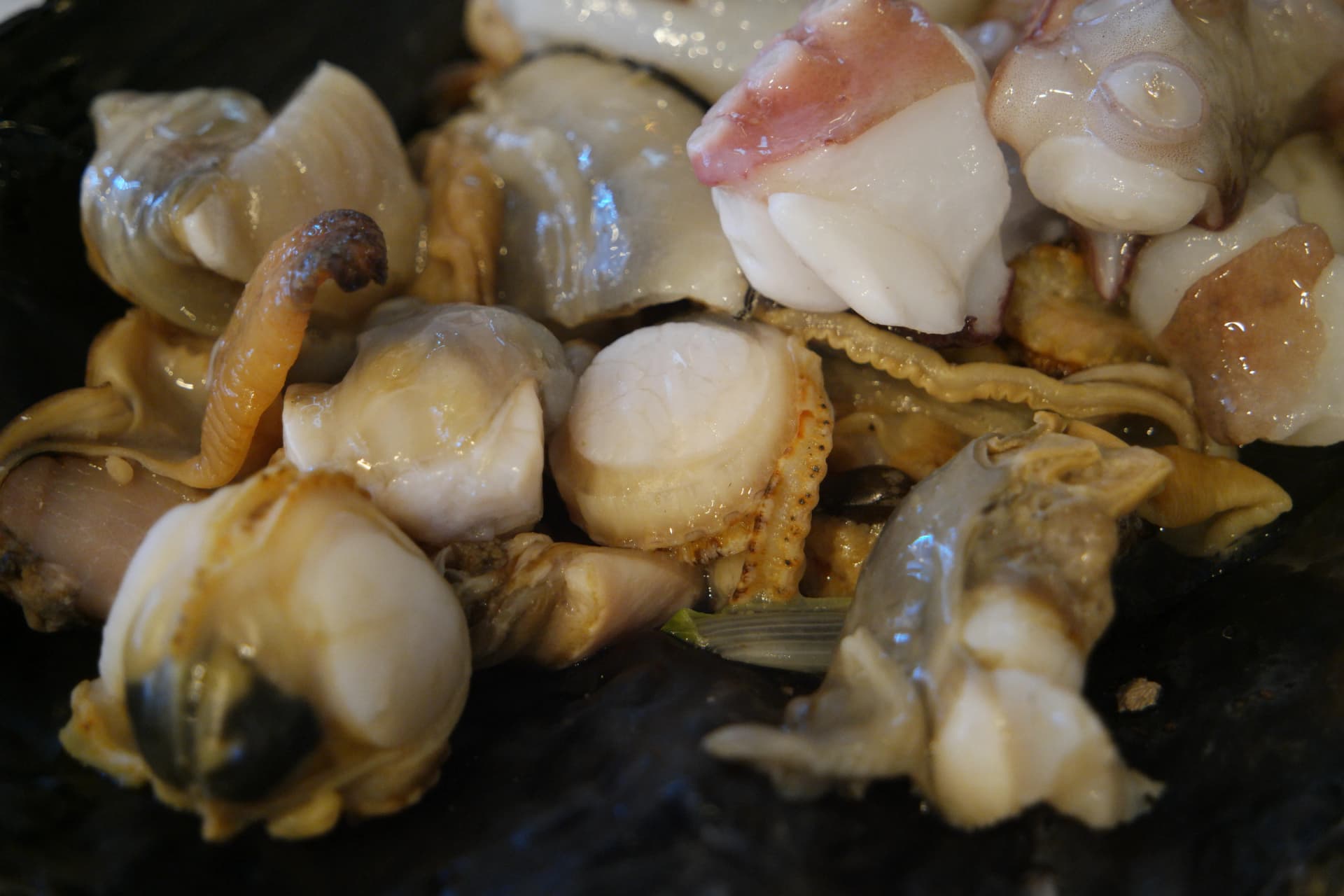 조개찜 문어살과 조개살 클로즈업 — 탱탱하게 익은 생문어와 통통한 조개살 | 하이제이에스비