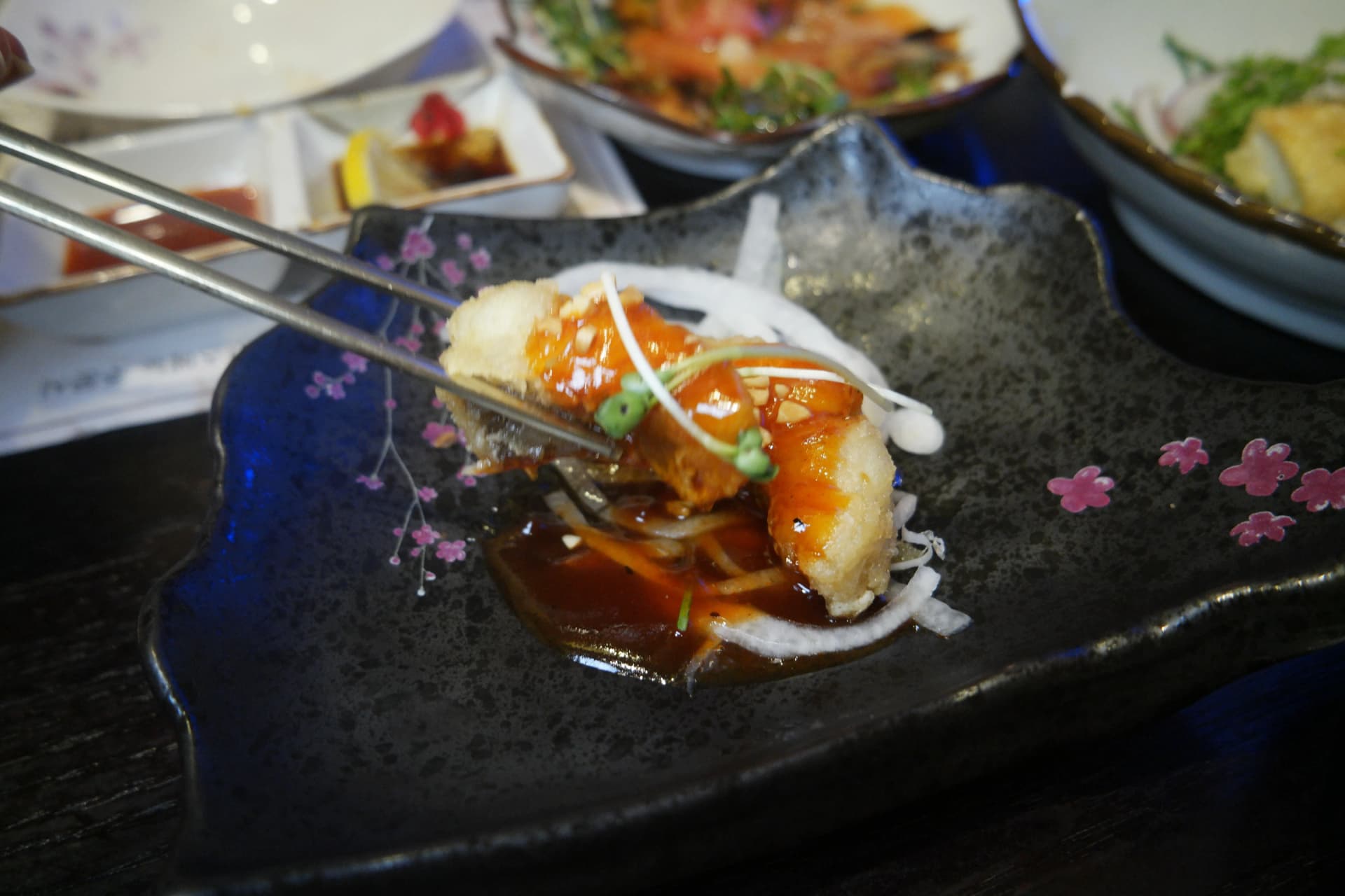 Pescado guisado en salsa agridulce y salada con cebolleta cortada en juliana por encima | 하이제이에스비