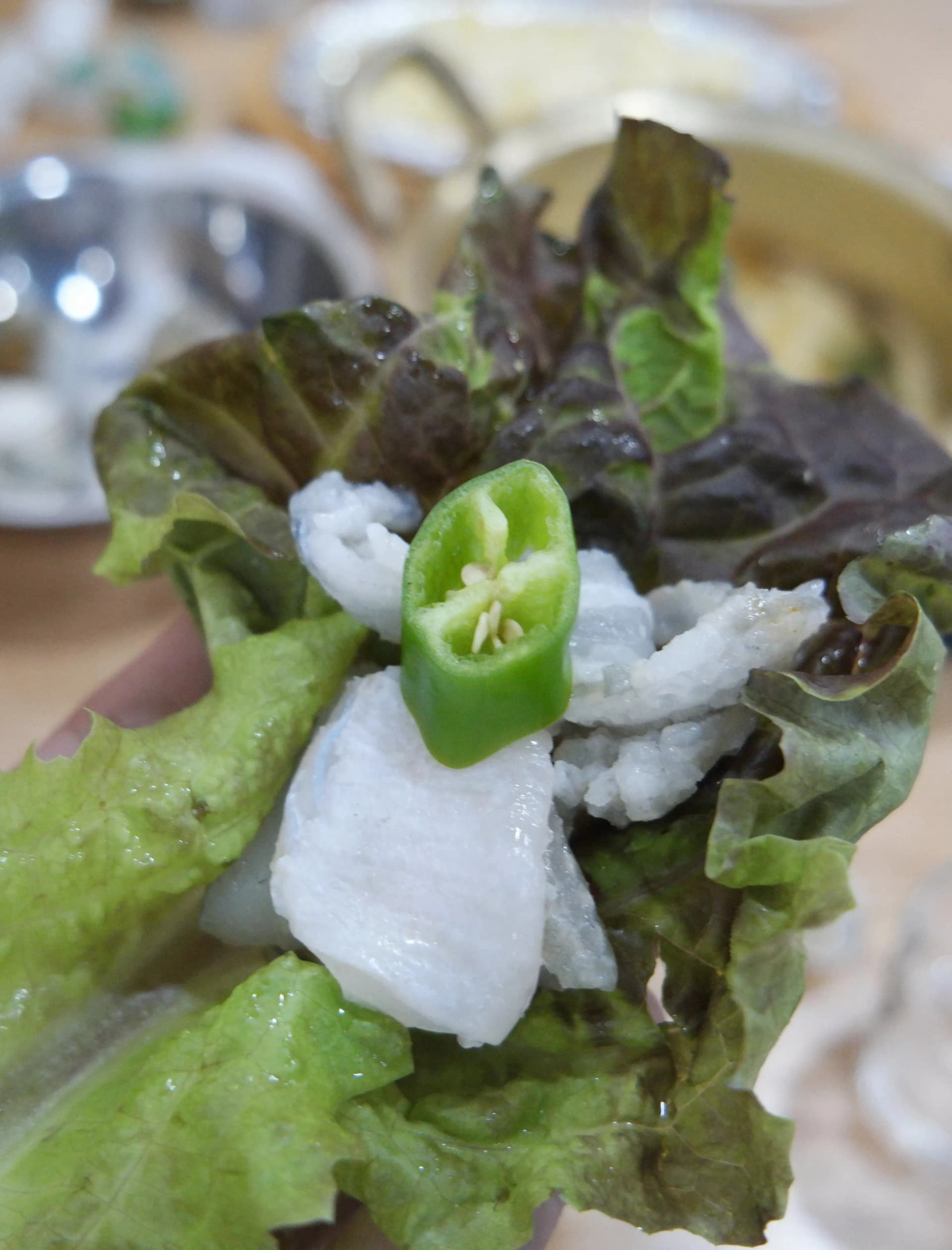 Корейски начин за ядене на сашими – парче риба и люта чушка върху маруля | 하이제이에스비