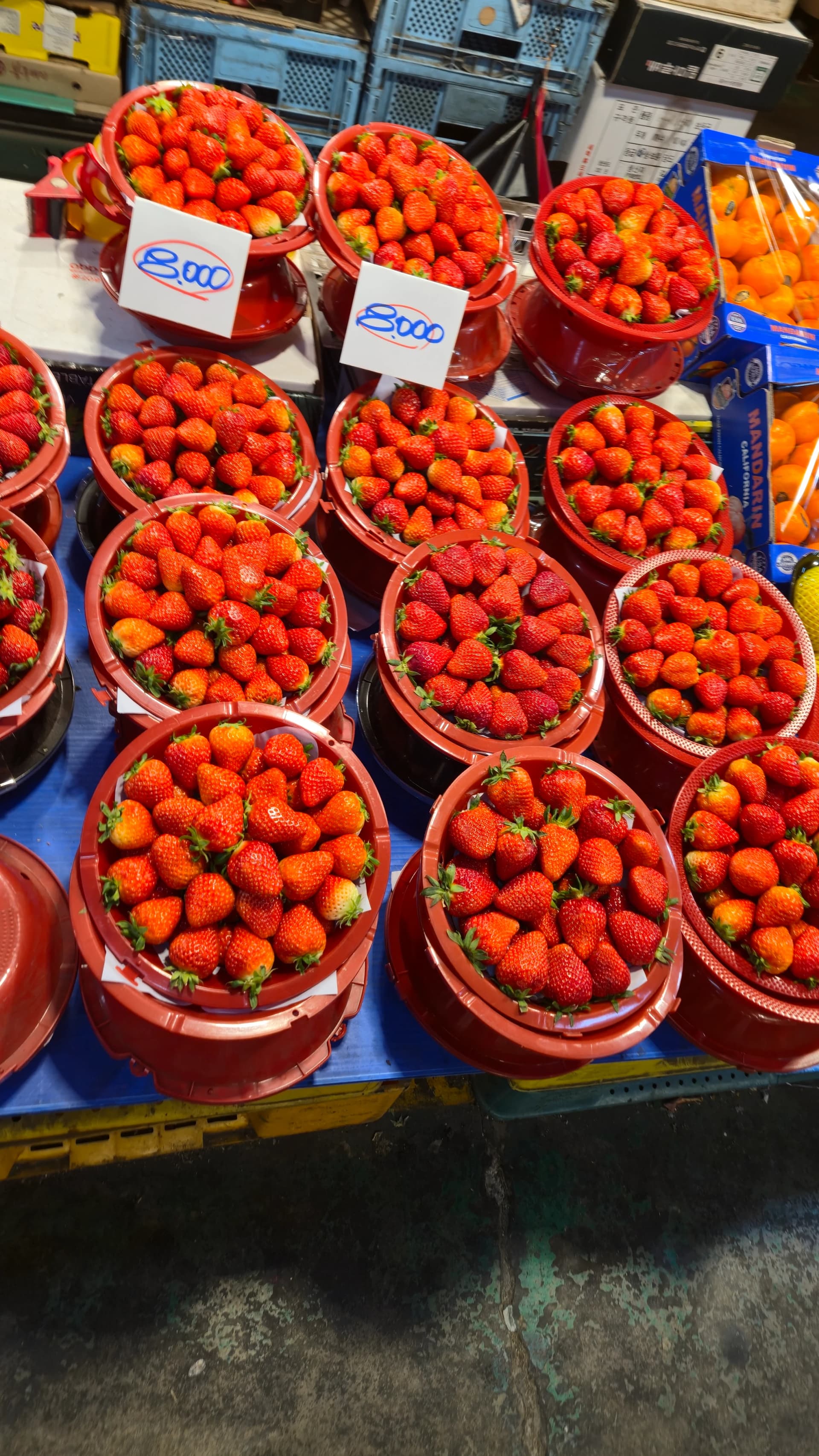 한국 봄 딸기철 시장 풍경, 빨간 딸기가 바구니째 쌓여 있고 한 바구니 8000원 가격표
