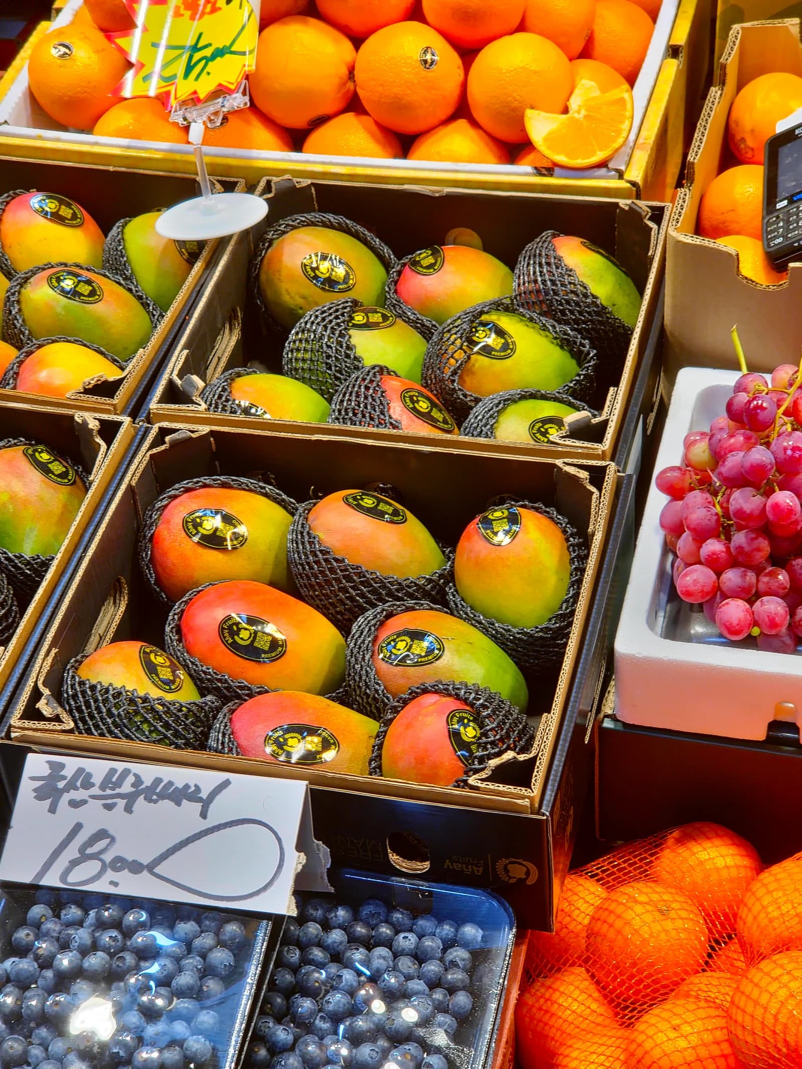 수입 망고 한 박스 18000원, 한국 농수산물 시장에서 판매 중인 열대 과일
