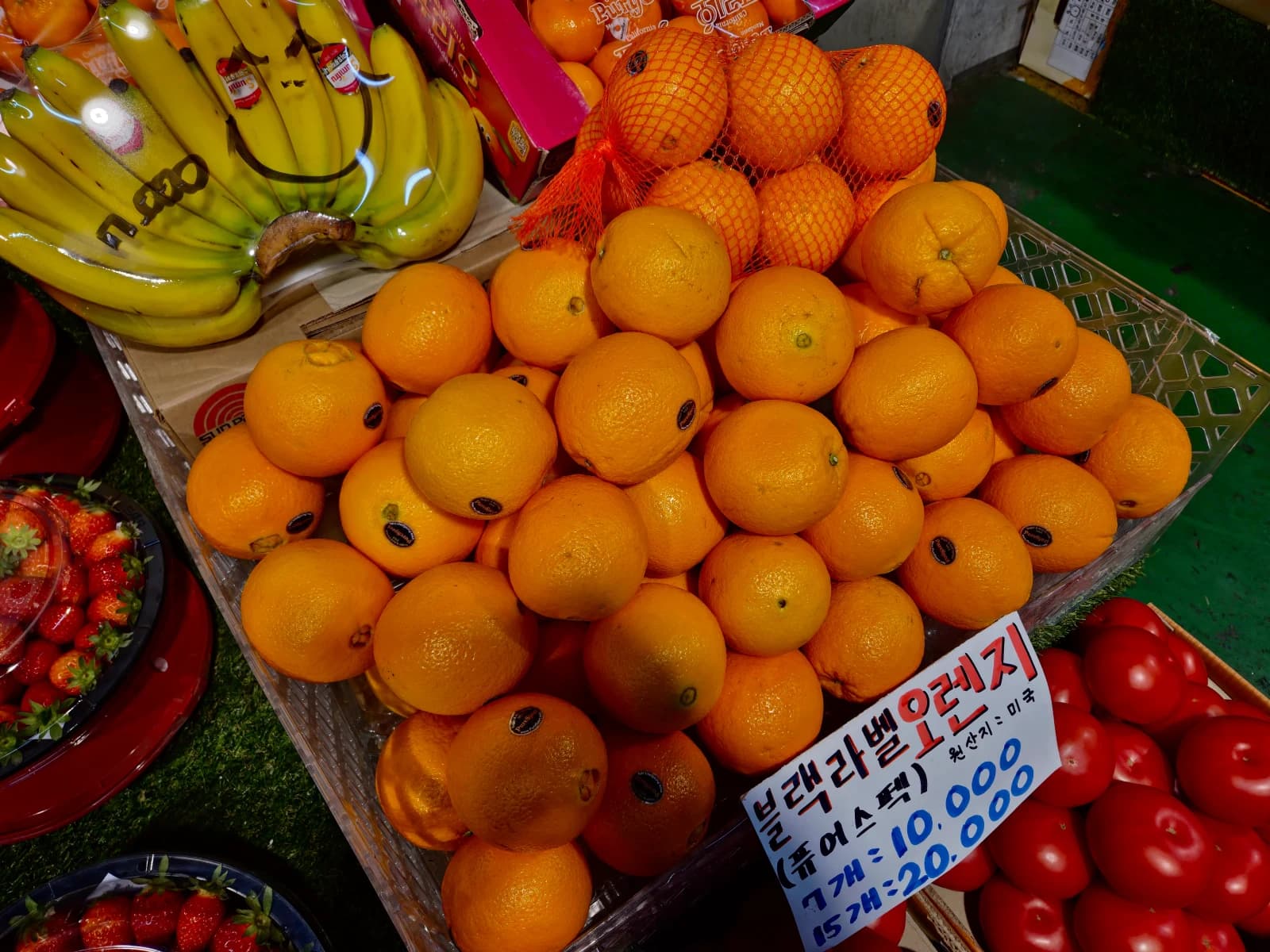 한국 시장에서 봉지째 판매되는 수입 오렌지, 크기별로 분류되어 진열