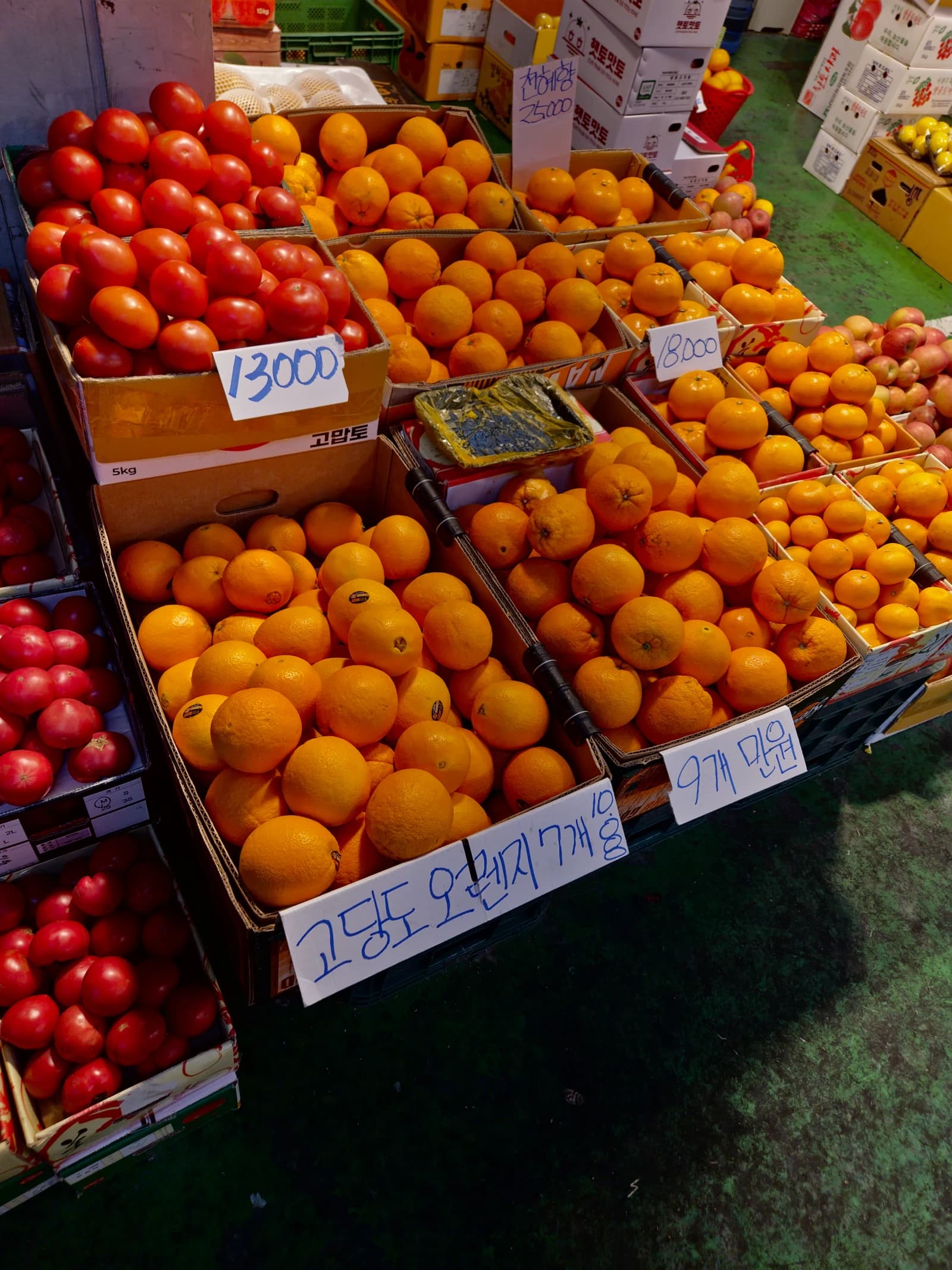 오렌지 근접 사진, 크기별 가격 차이가 있으며 손글씨 가격표가 붙어 있다