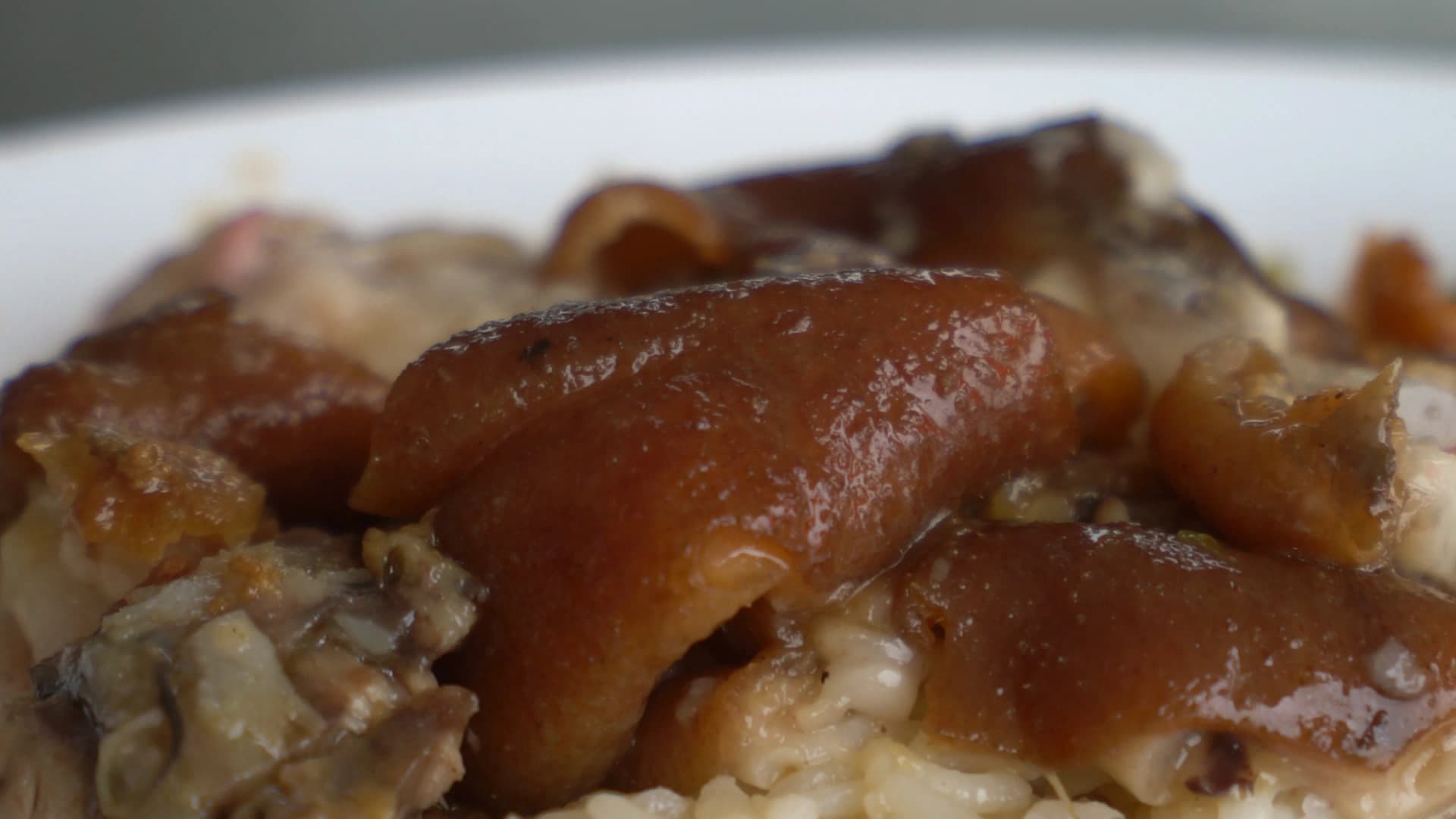 Thai pork leg rice khao kha moo close-up of rice soaked in rich braising liquid