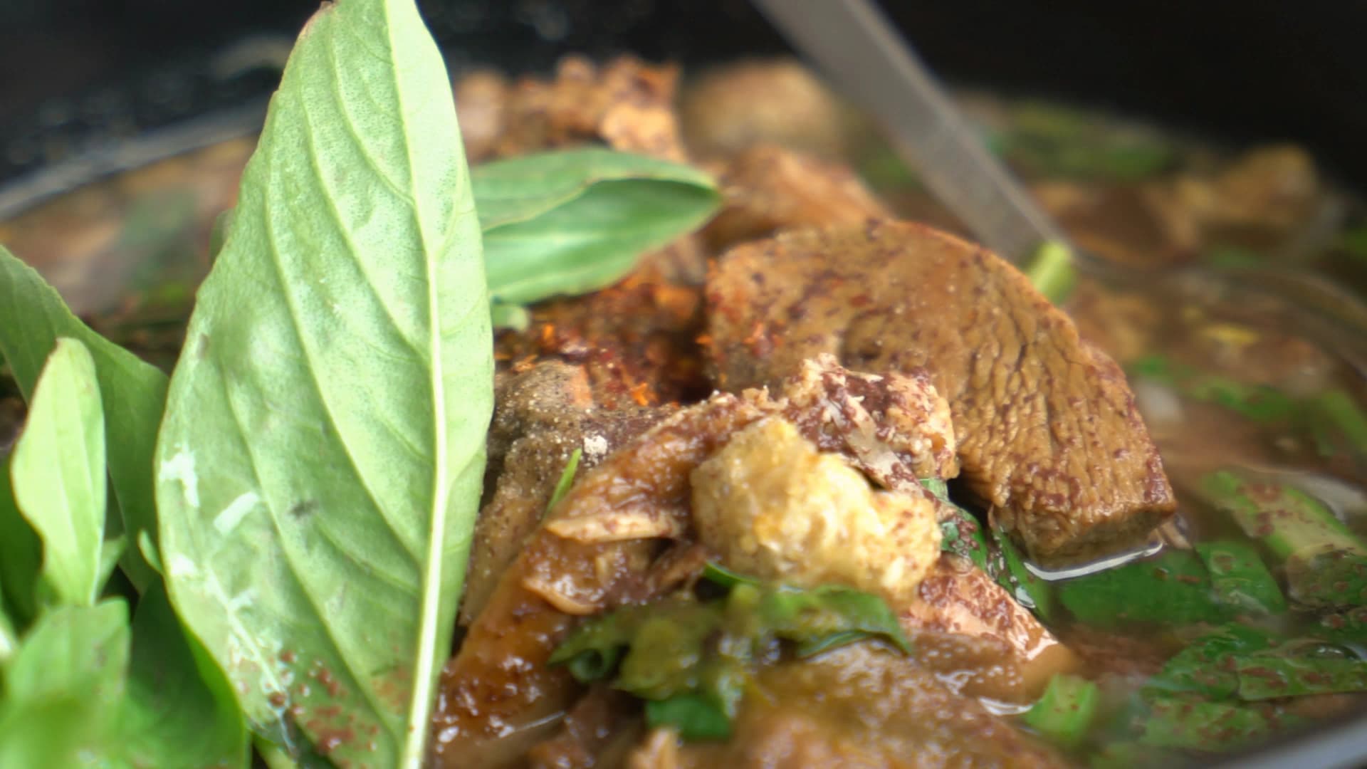 Kuay tiew nam tok with fresh Thai basil leaves and bean sprouts on top of blood broth noodle soup