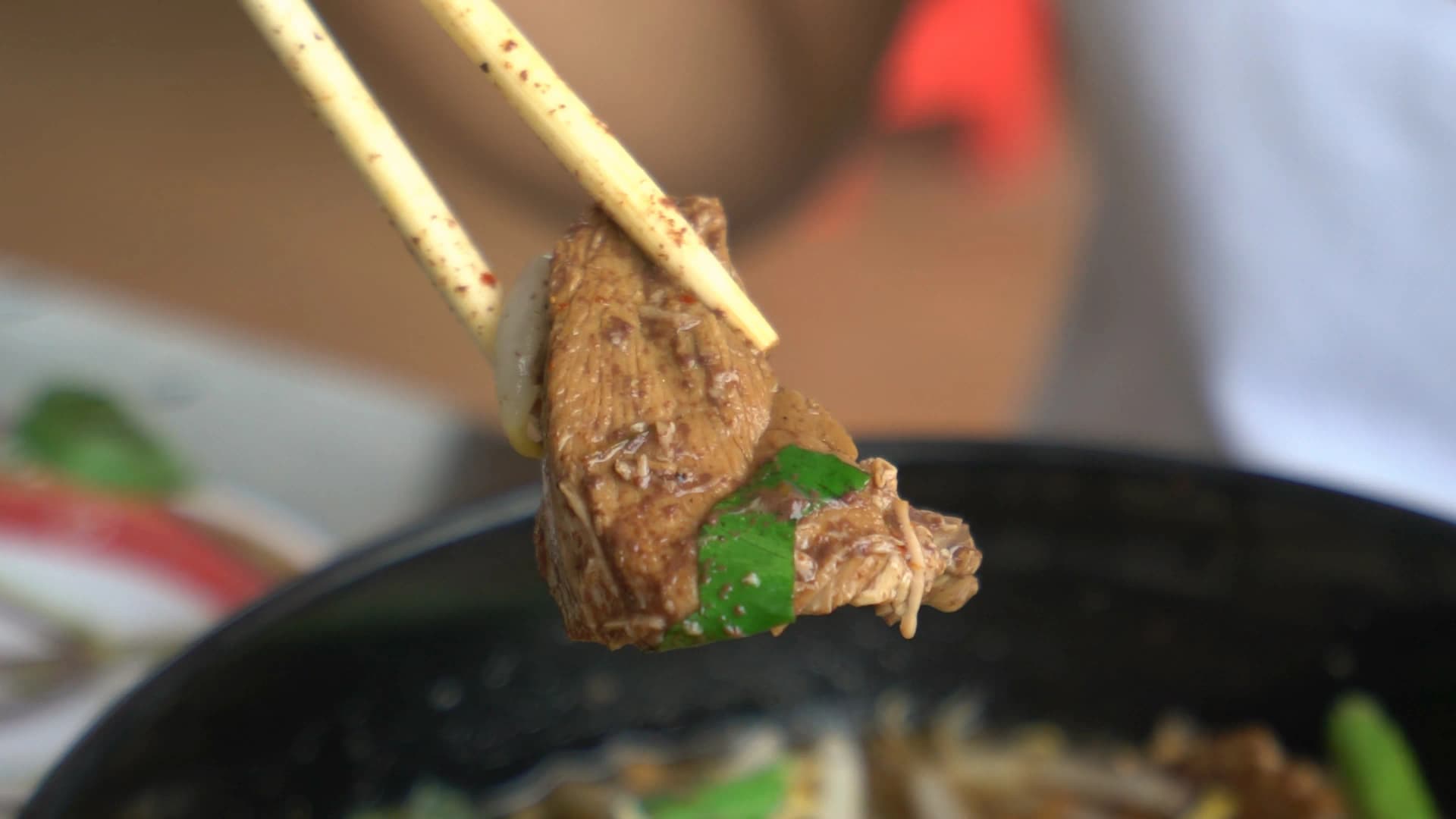 Close-up of slow-braised pork from Thai petrol station noodle soup tender and falling apart