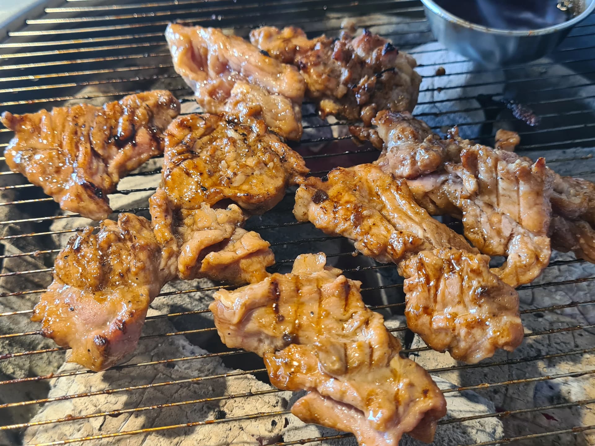 تتبيلة الريش تتكرمل على الفحم — سطح لامع ذهبي على شبكة الشواء