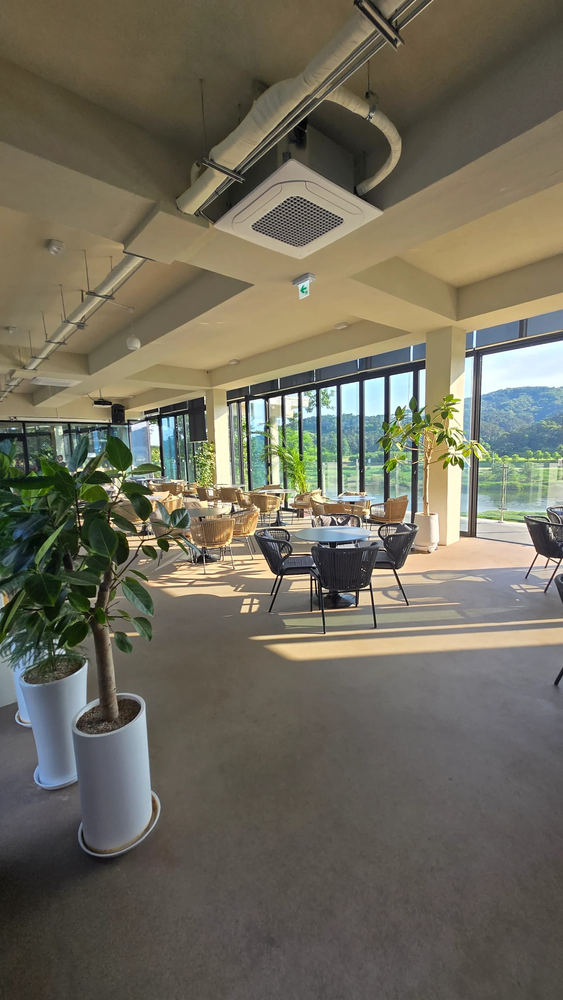 카페 노호 2층 내부 통유리 좌석 라탄의자 식물 인테리어 금강뷰 세종 카페 추천 | 하이제이에스비