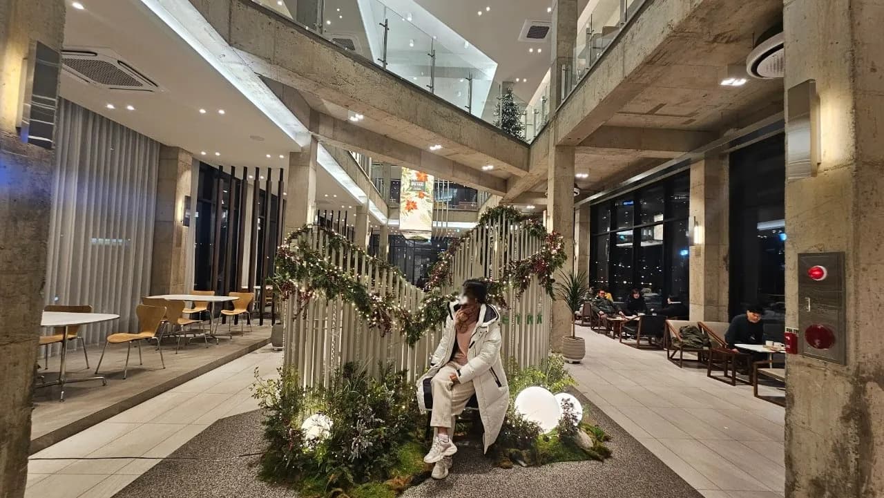 Abubuwan ado na tsakiya a PETRA cafe - ginin itace mai lanƙwasa tare da tsire-tsire da duwatsu a lambu na ciki | 하이제이에스비