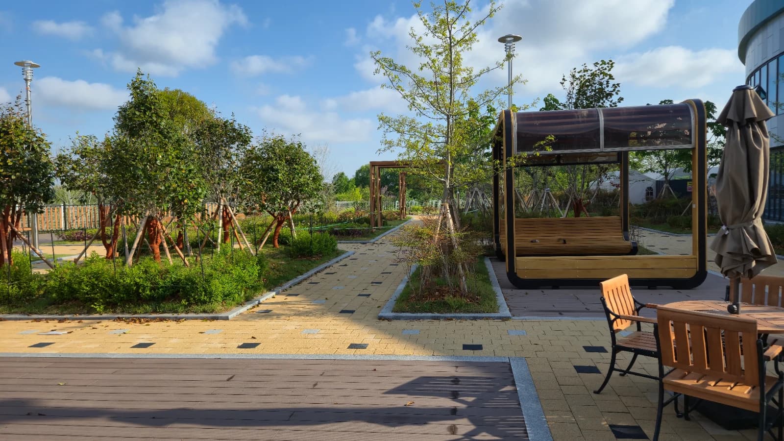 Walking path and newly planted saplings in the landscaped area