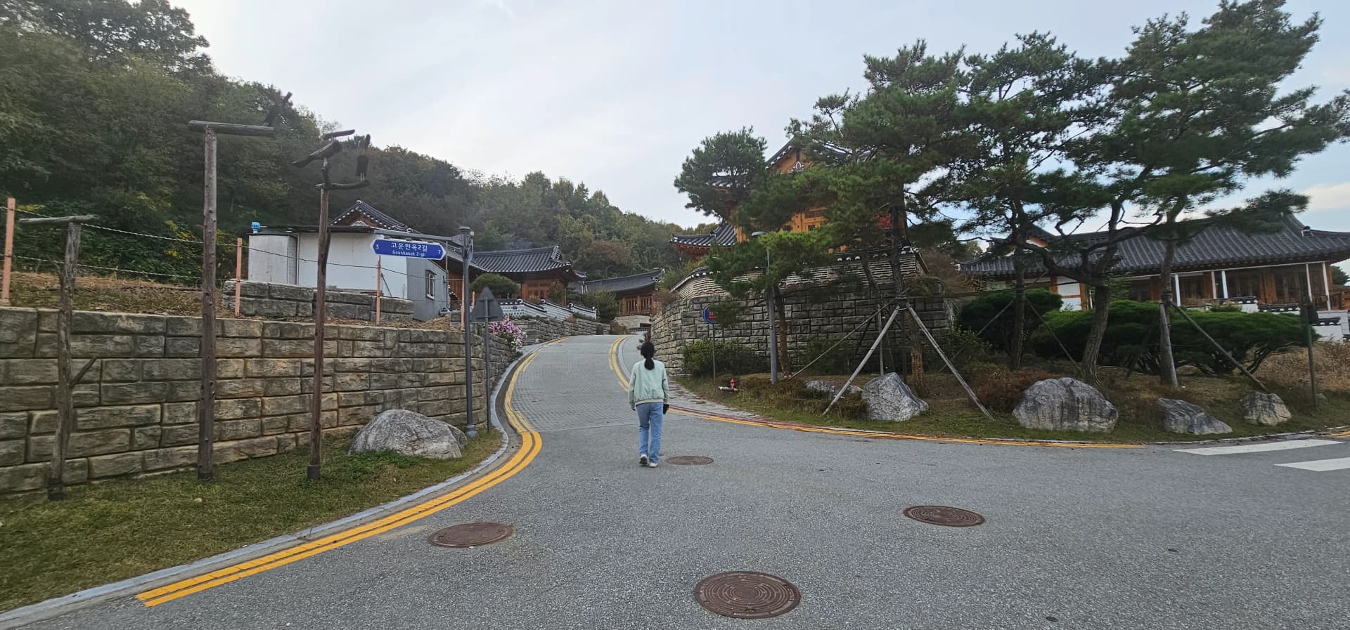 세종 고운동 한옥마을 바깥길 — 넓은 도로 양쪽으로 한옥이 언덕을 따라 늘어서 있다 | 하이제이에스비