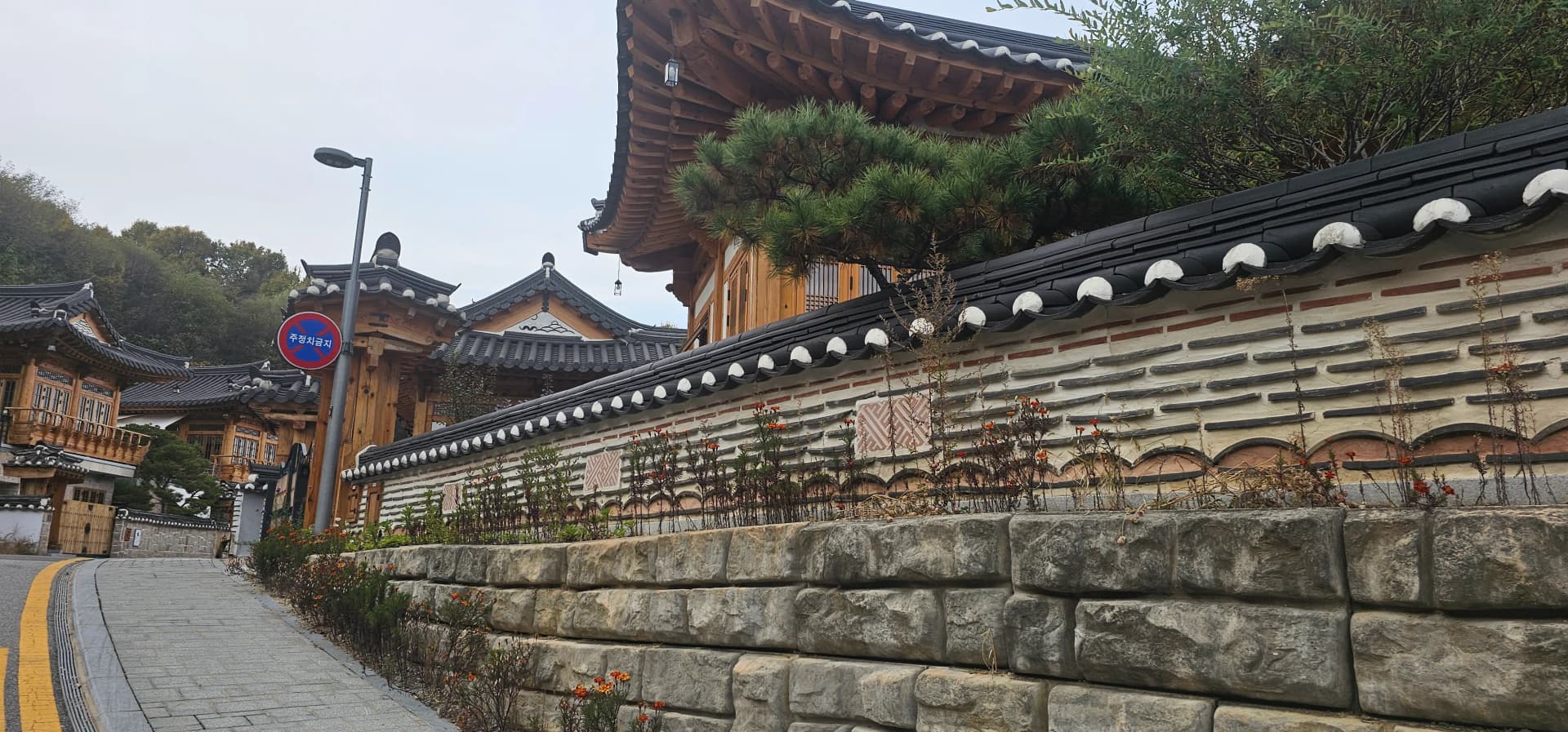 해 질 무렵 세종 한옥마을 — 석축 위 한옥 두세 채의 지붕이 역광 실루엣으로 보인다 | 하이제이에스비