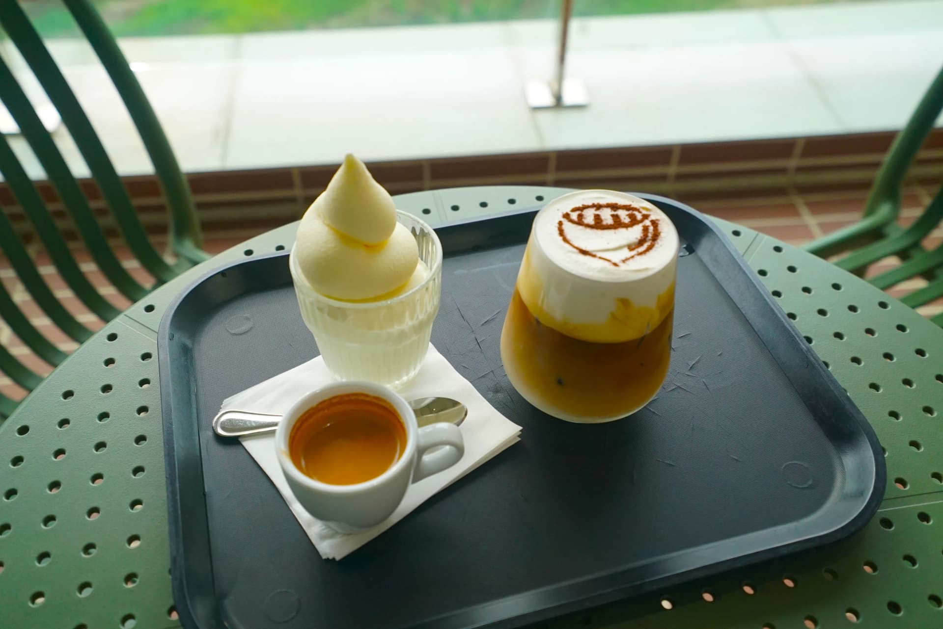 3Cheon Village signature drinks on a tray — Bam Bam Cream Latte and affogato side by side