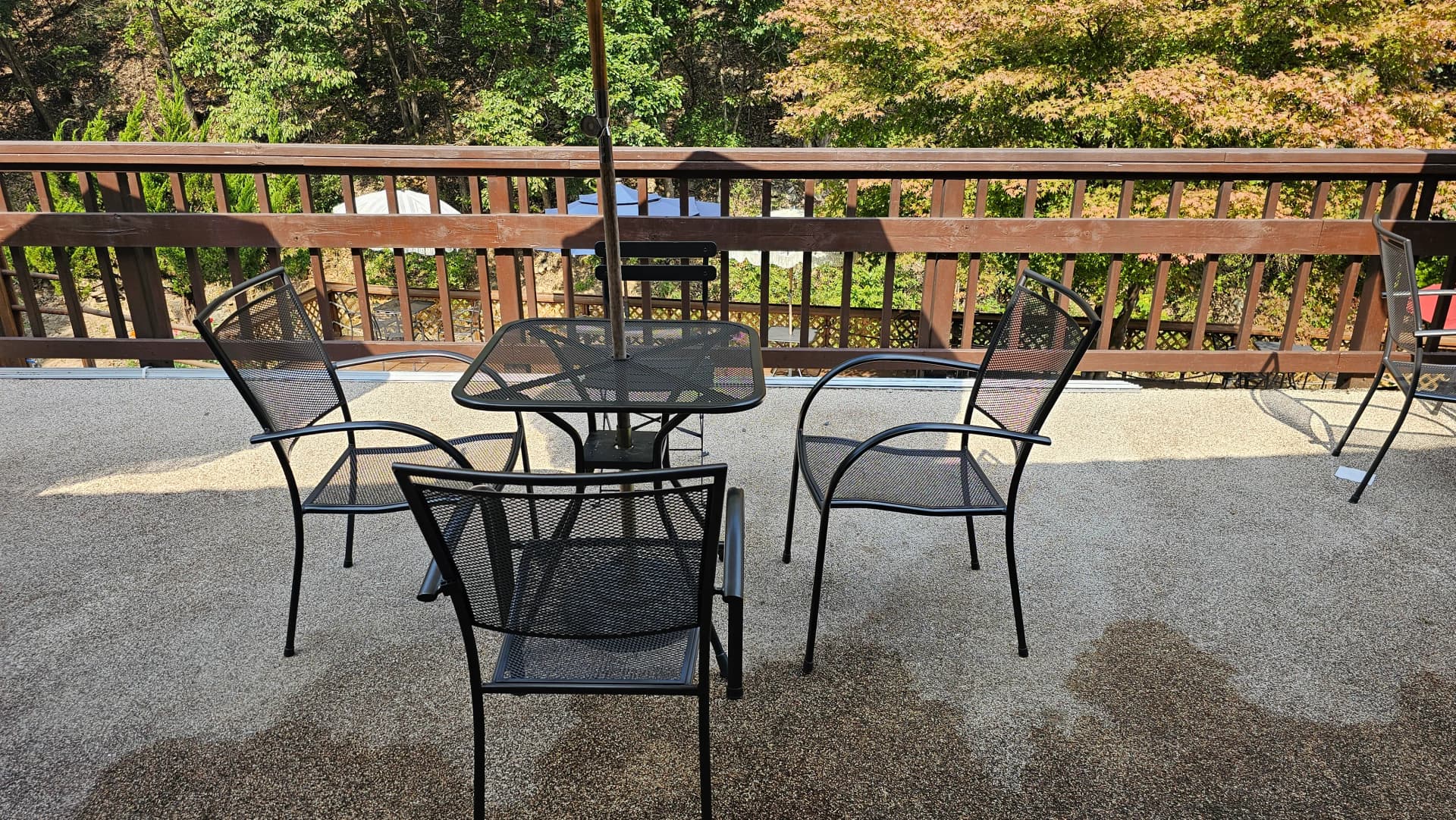 آؤٹ ڈور ٹیرس، لوہے کی میزیں اور ریلنگ کے پار سامنے جنگل کا منظر