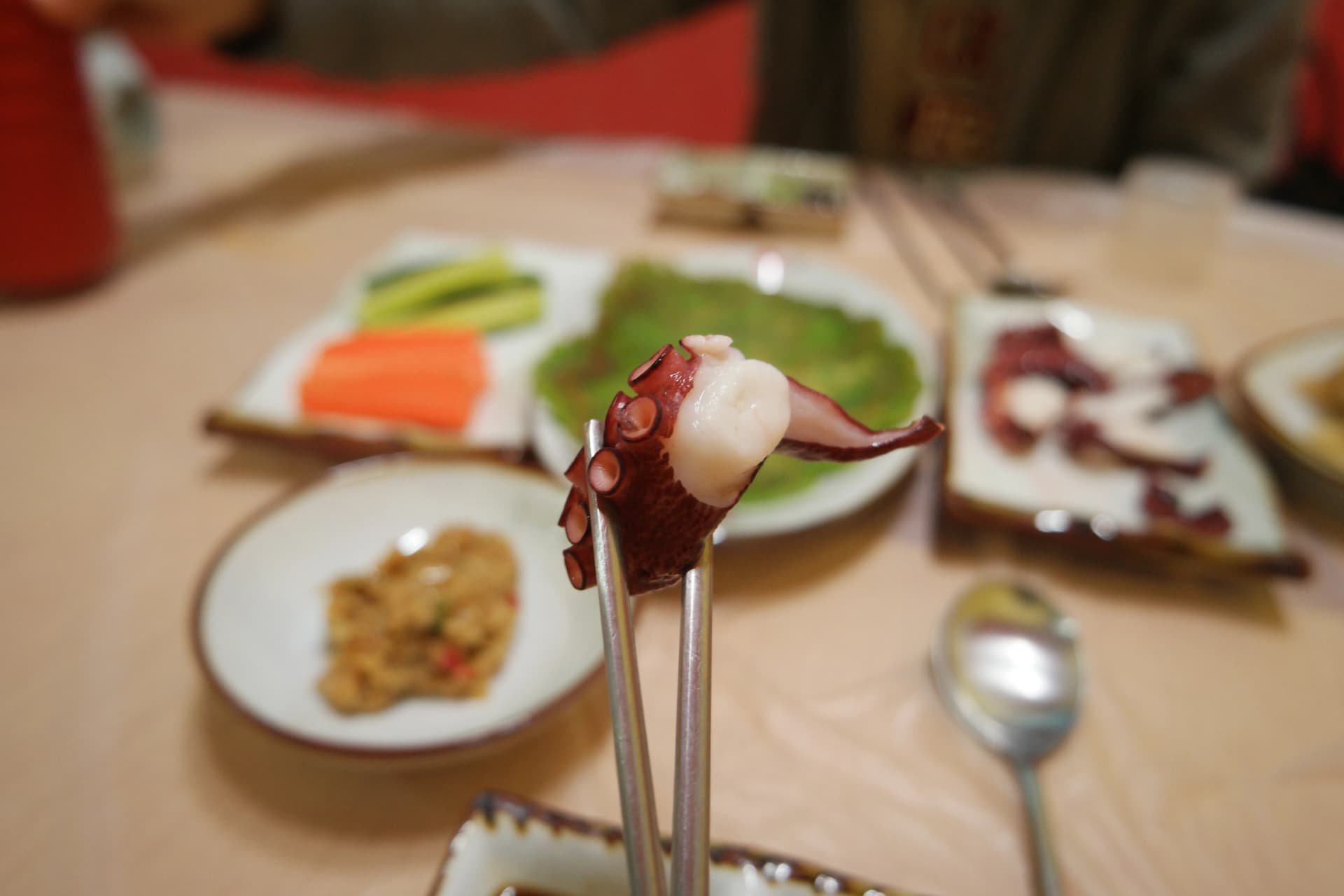 젓가락으로 집어 올린 삶은 문어 한 점 - 빨판이 선명하게 보이는 신선한 문어 | 하이제이에스비