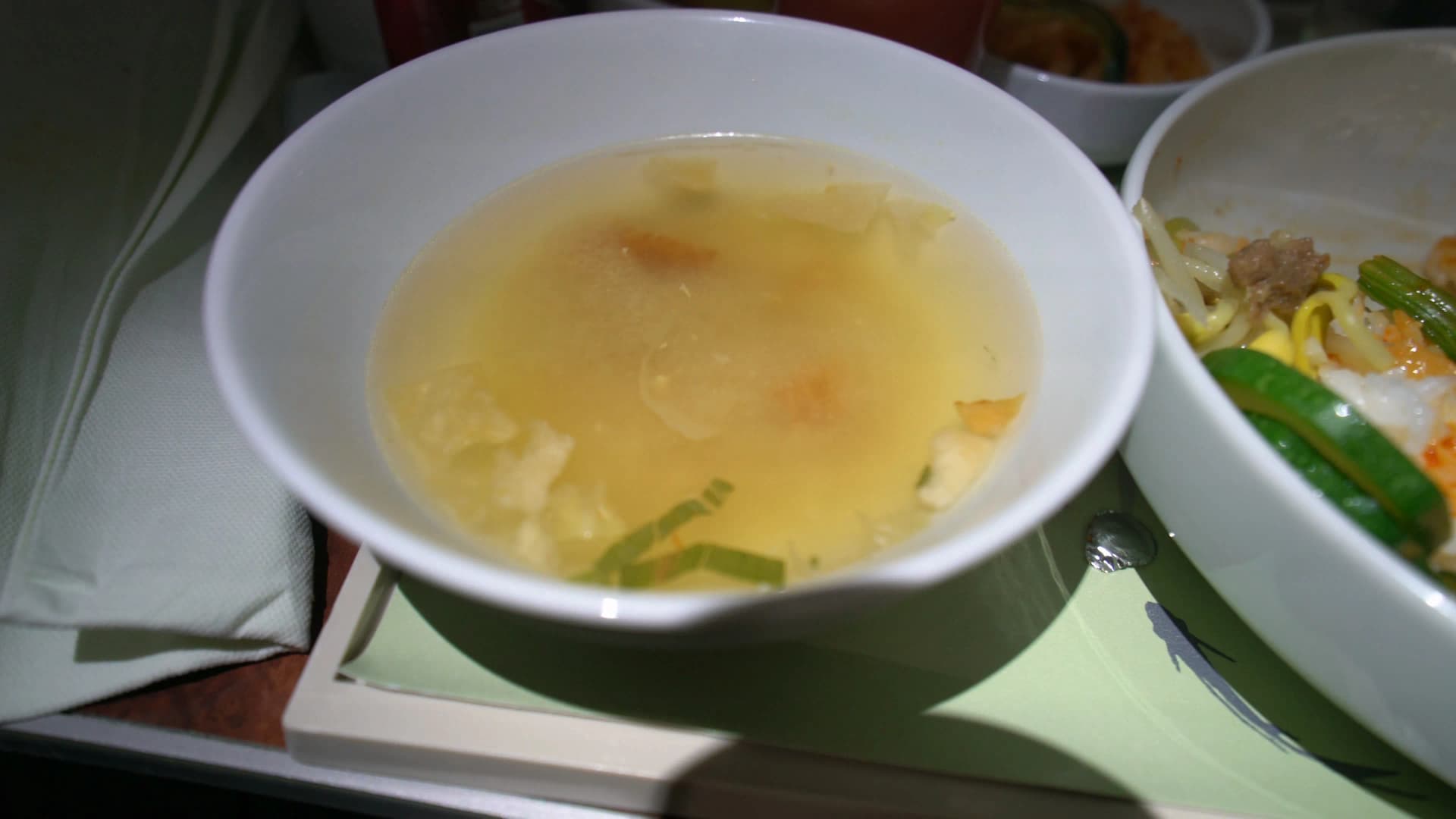 Dried pollack soup hwangtaeguk served in Korean Air Prestige Class with clear delicate broth